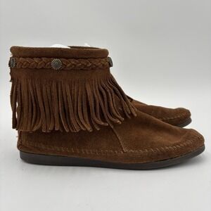 Minnetonka Moccasin Womens 8 Suede Fringe Ankle Booties Back Zip Brown Boots 292